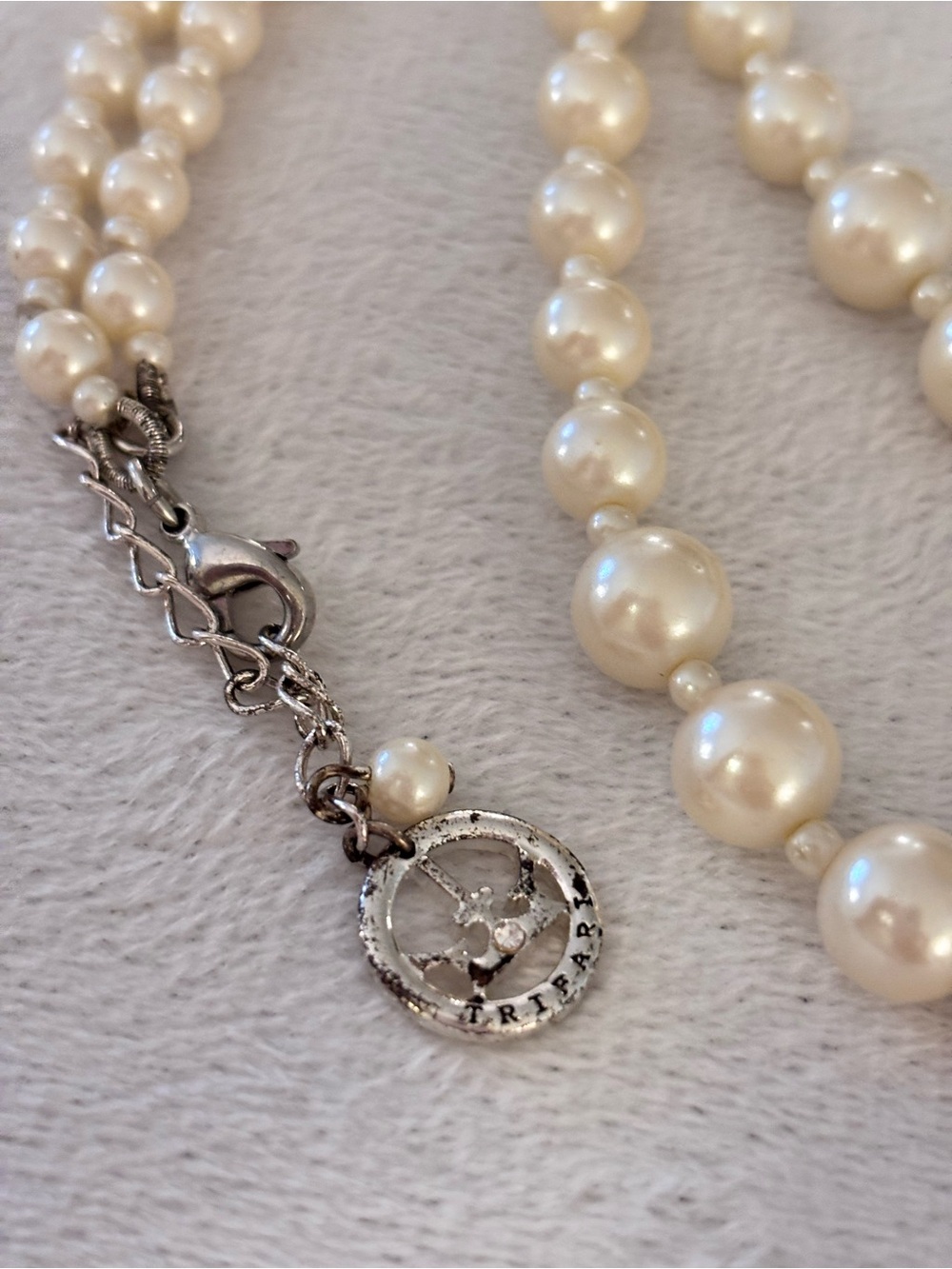 Vintage Trifari Faux Pearl Rhinestone Ball Necklace 16–18”